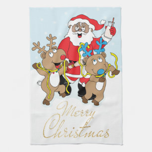 Santa of Colour and Reindeers Merry Christmas Kitchen Towel