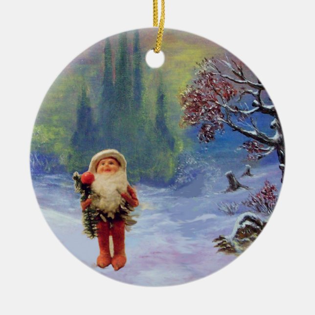 SANTA OF THE GNOMES WITH RED RUBY CERAMIC ORNAMENT (Front)