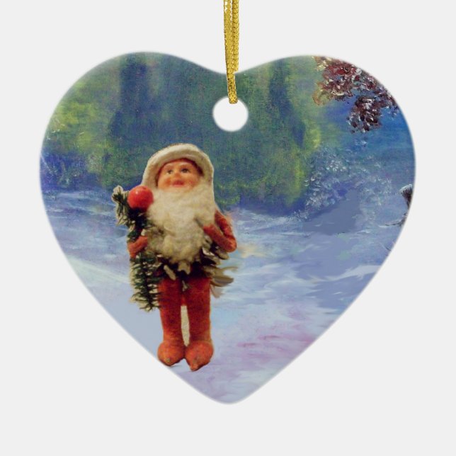 SANTA OF THE GNOMES WITH RED RUBY HEART CERAMIC ORNAMENT (Front)