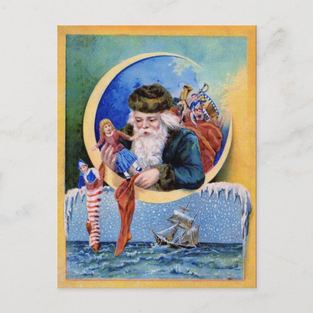 SANTA OF THE SAILORS,MOON,CHRISTMAS SOCKS AND TOYS HOLIDAY POSTCARD (Front)
