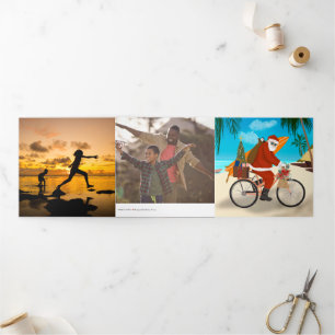 Santa on a Bicycle in Tropics Holiday Photo Tri-Fold Card