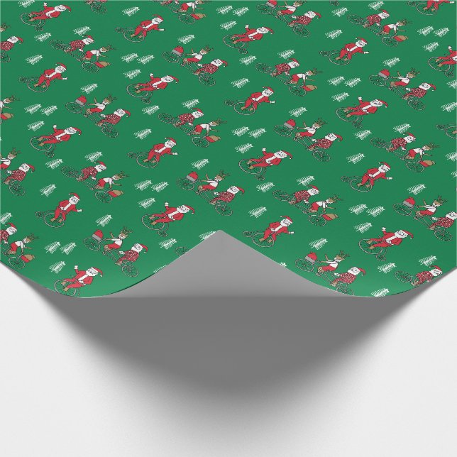 Santa on a bicycles cute kids novelty green wrapping paper (Corner)