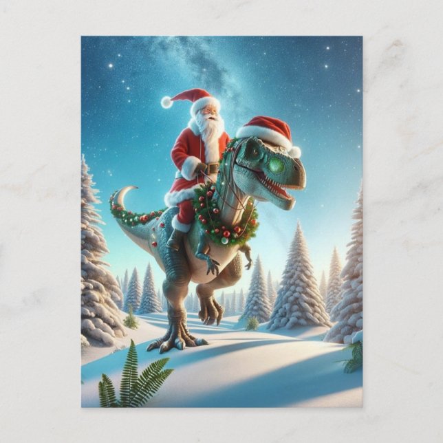  Santa on a dinosaur, Christmas Holiday Postcard (Front)
