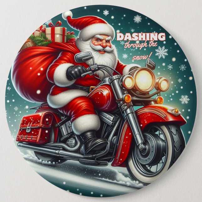 Santa on a motorcycle 6 inch round button (Front)