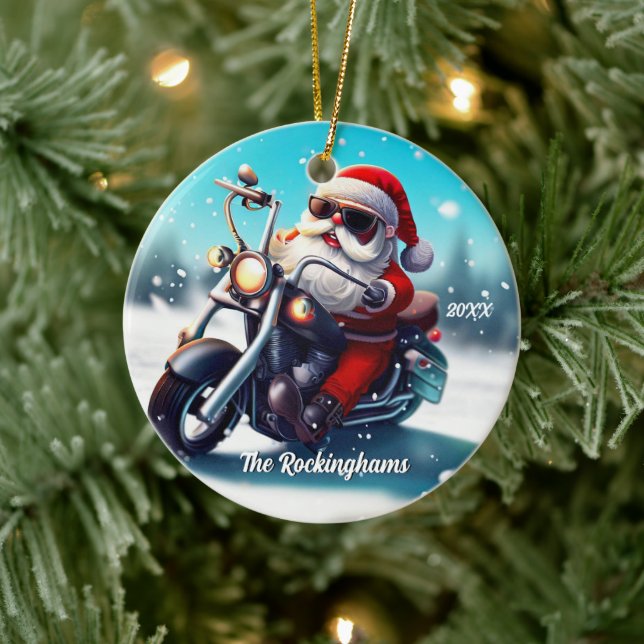 Santa on a Motorcycle in the Snow Ceramic Ornament (Tree)