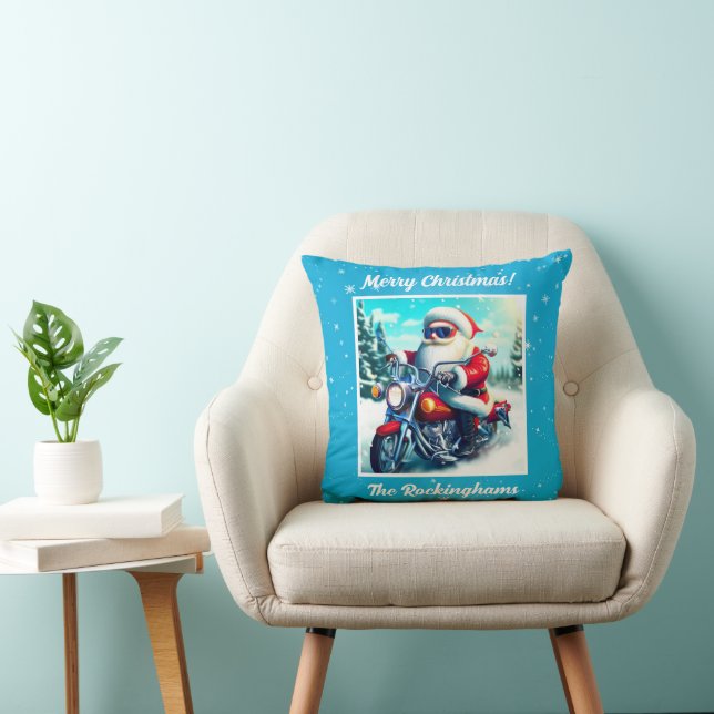 Santa on a Motorcycle in the Snow Throw Pillow (Chair)