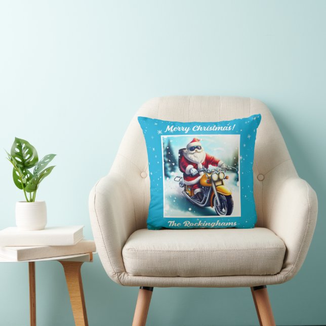 Santa on a Motorcycle in the Snow Throw Pillow (Chair)