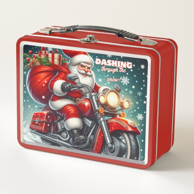 Santa on a motorcycle metal lunch box (Front)