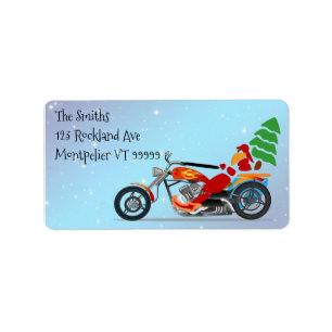 Santa on a Motorcycle with Tree Christmas label