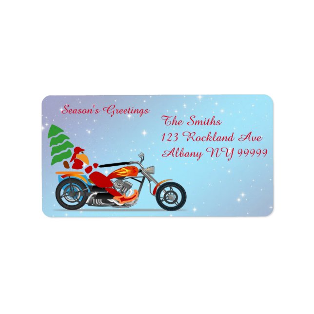 Santa on a motorcycle with tree label (Front)