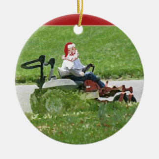 Santa on a riding lawn mower landscaper ceramic ornament