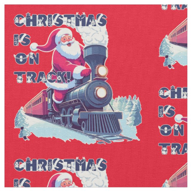 Santa On a Train Fabric (Close Up)