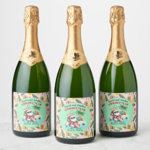 Santa on a Tropical Island Christmas in July Party Sparkling Wine Label