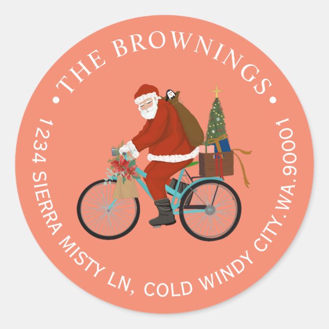 Santa on Bicycle Holiday Address Label (Front)