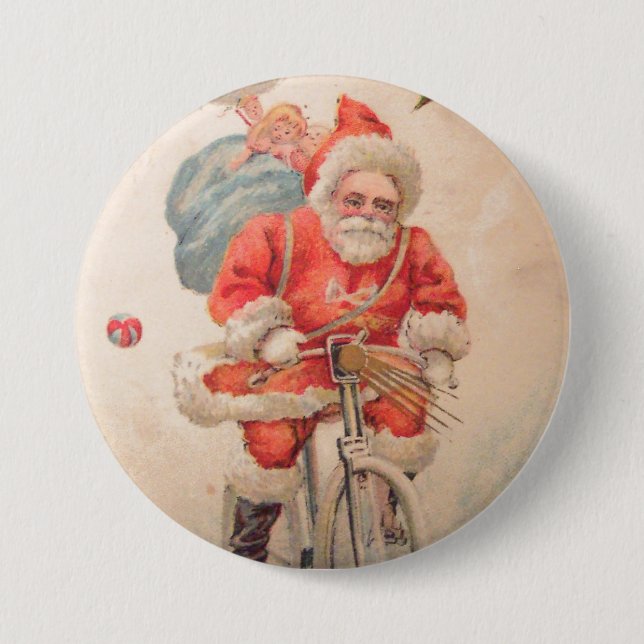 Santa on Bicylce 3 Inch Round Button (Front)