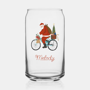 Santa On Bike Kids Personalized Milk Christmas  Can Glass