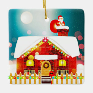 Santa on Chimney Top Ceramic Ornament
