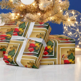 Santa on Christmas Tree, Noël Red Green Gold Wrapping Paper