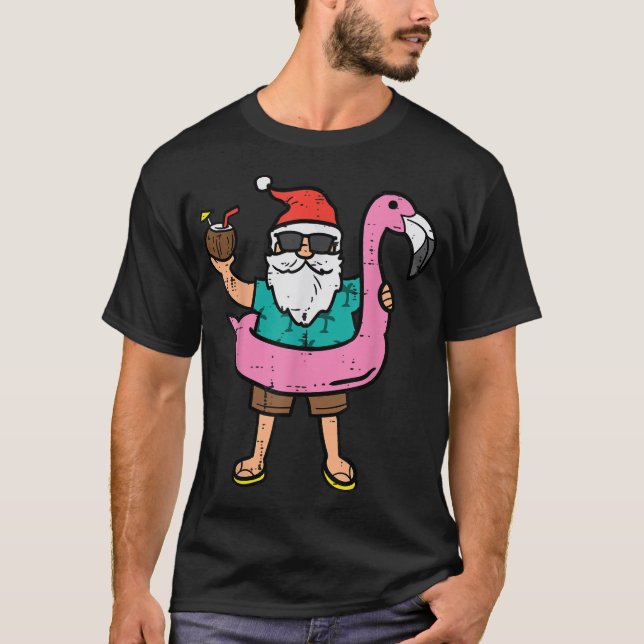 Santa On Flamingo Floatie Christmas In July Xmas T-Shirt (Front)