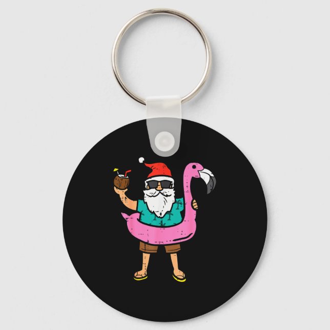 Santa On Flamingo Floatie Cute Christmas In July X Keychain (Front)