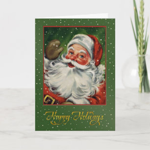 Santa on green with snow vintage image holiday card