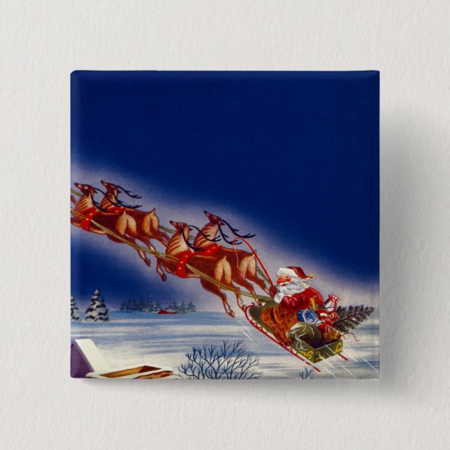 Santa on his Sleigh 2 Inch Square Button (Front)