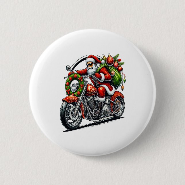 Santa on Motorcycle Christmas Biker 2 Inch Round Button (Front)