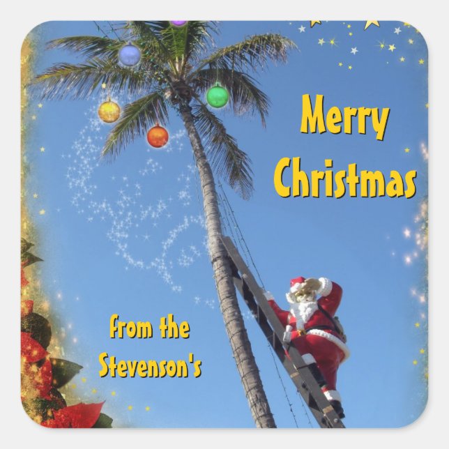 Santa on Palm Tree Square Sticker (Front)