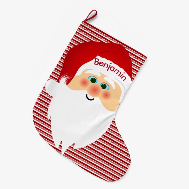 Santa on Peppermint Stripes Christmas Stocking (Front (Hanging))