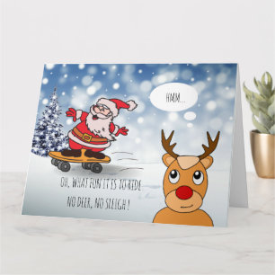 Santa on skateboard funny reindeer sleigh winter card