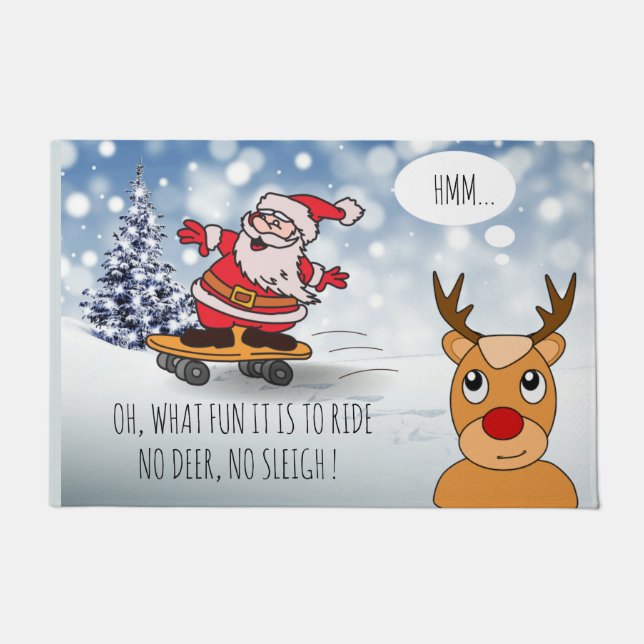 Santa on skateboard funny reindeer sleigh winter doormat (Front)