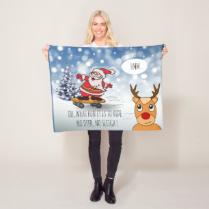 Santa on skateboard funny reindeer sleigh winter fleece blanket