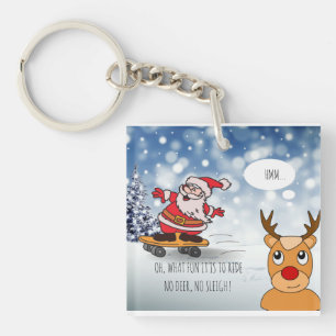 Santa on skateboard funny reindeer sleigh winter  keychain