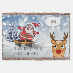 Santa on skateboard funny reindeer sleigh winter throw blanket