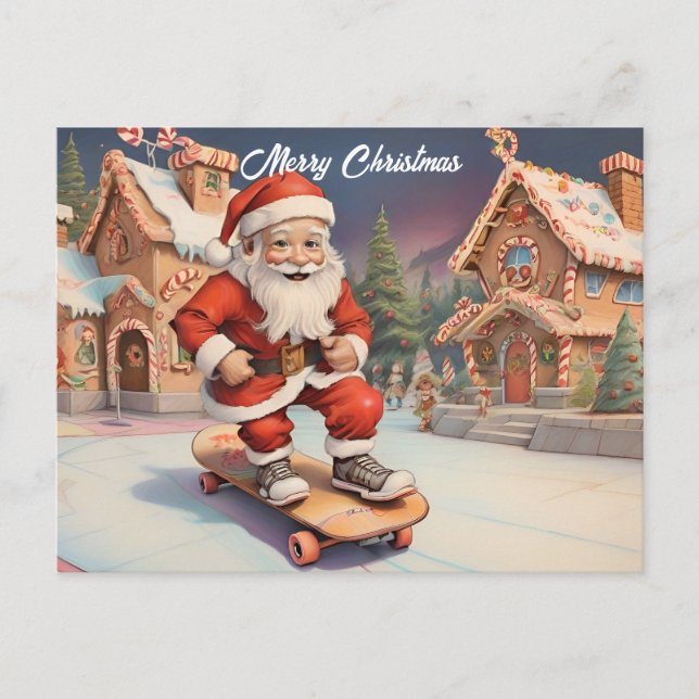 Santa on skateboard gingerbread house background holiday postcard (Front)