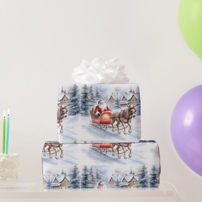 Santa on sleigh in snowy woods wrapping paper (Party Gifts)
