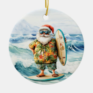 Santa on surfboard on sea background ceramic ornament