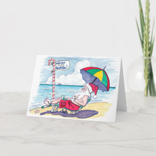 Santa on the Beach Retro Image Christmas Holiday Card