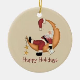Santa on the Moon Ceramic Ornament