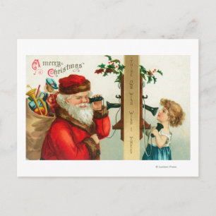 Santa on the Phone with Little Girl Holiday Postcard