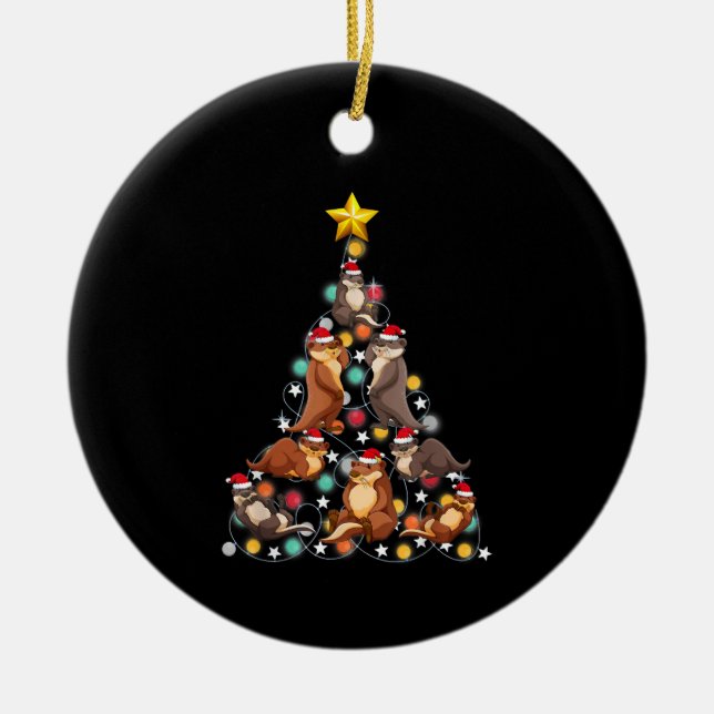santa otters christmas tree| funny otter christmas ceramic ornament (Front)