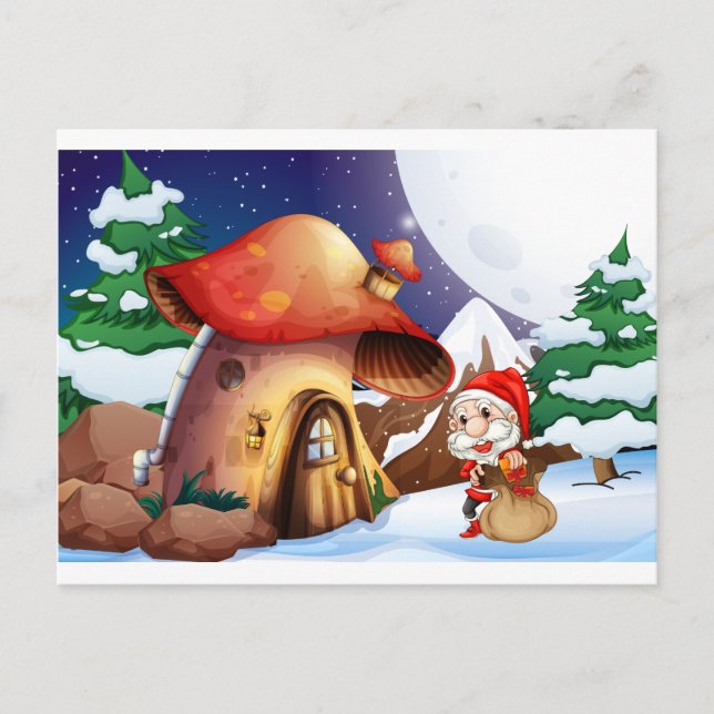 Santa outside the mushroom house holiday postcard (Front)