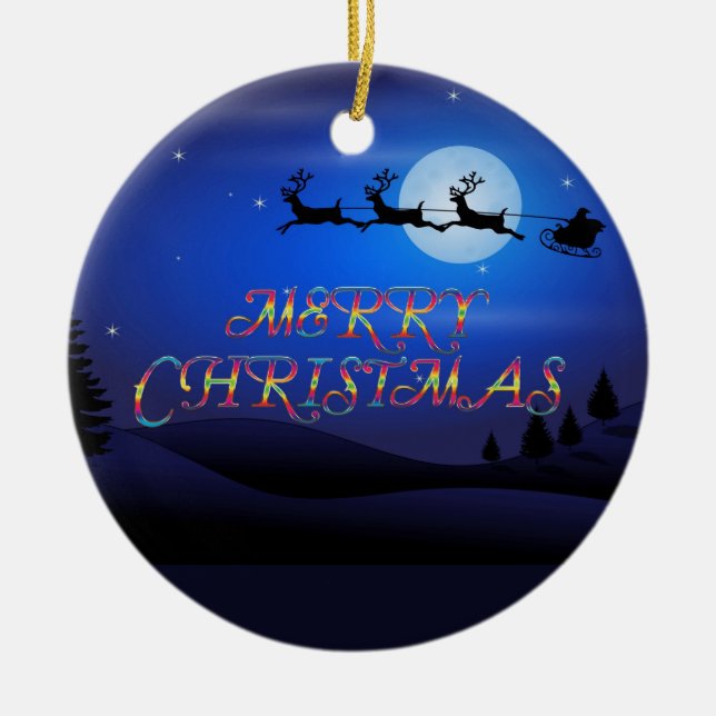 Santa over a Blue Moon Ceramic Ornament (Front)