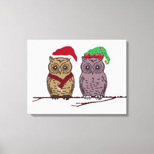 Santa Owl and Elf Owl Canvas Print