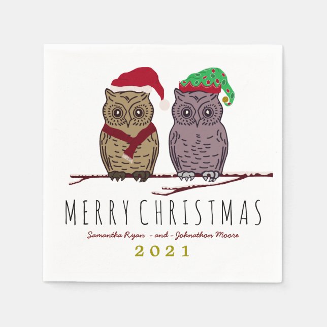 Santa Owl and Elf Owl Napkin (Front)