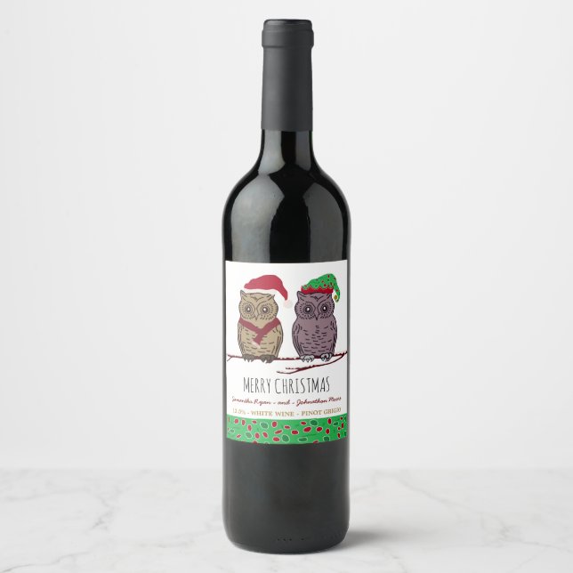 Santa Owl and Elf Owl Wine Label (Front)