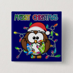 Santa owl & Christmas lights 2 Inch Square Button