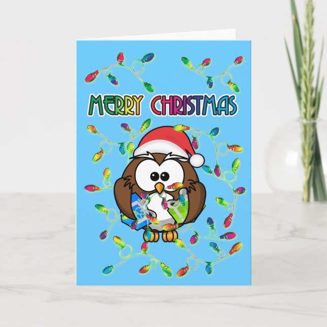 Santa owl & Christmas lights Holiday Card (Front)