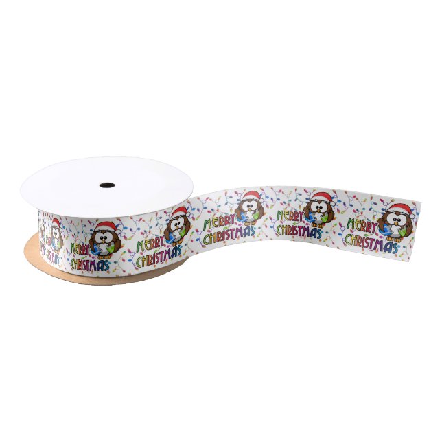 Santa owl & Christmas lights Satin Ribbon (Spool)
