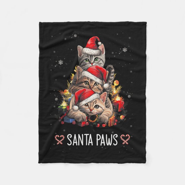 Santa Paw And Claw Santa Cat Christmas Tree Lights Fleece Blanket (Front)
